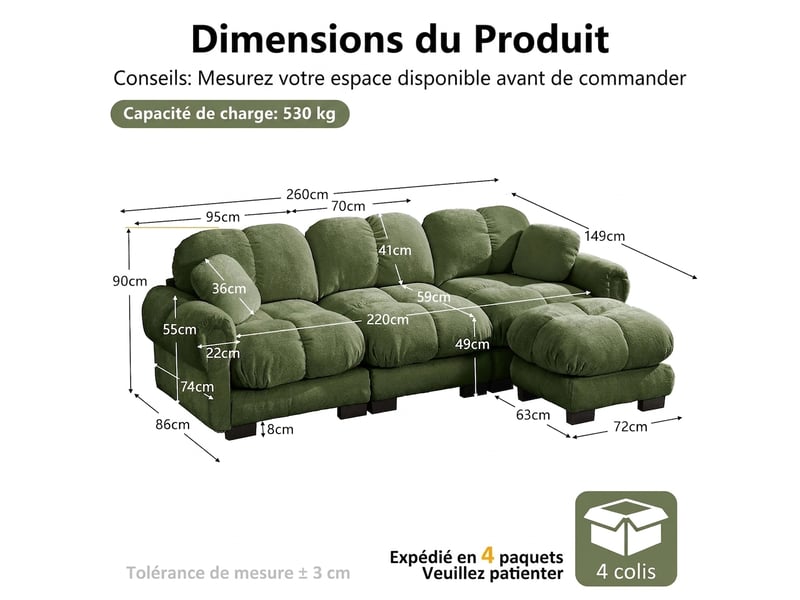  Canapé 3 places d'angle l vert en chenille avec pouf mobile - 260x149x90cm  - Conforama C