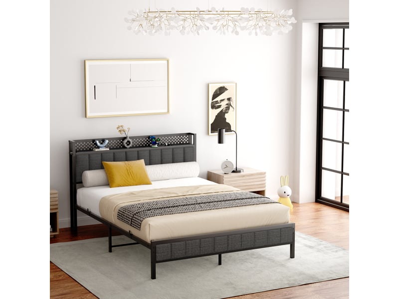 Lit double 140x200 cm - tête de lit rembourrée avec éclairage led et 2 ports usb - structure métal robuste - noir  - Conforama E