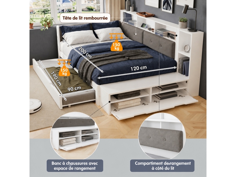 Lit avec rangement 120 x 200 cm et lit gigogne 90 x 190 cm, tête rembourrée, étagères, chargeur et banquette, blanc - Conforama D