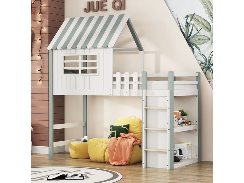  Lit mezzanine enfant 90 x 200 cm en bois avec toit, échelle et barrière verte  - Conforama D