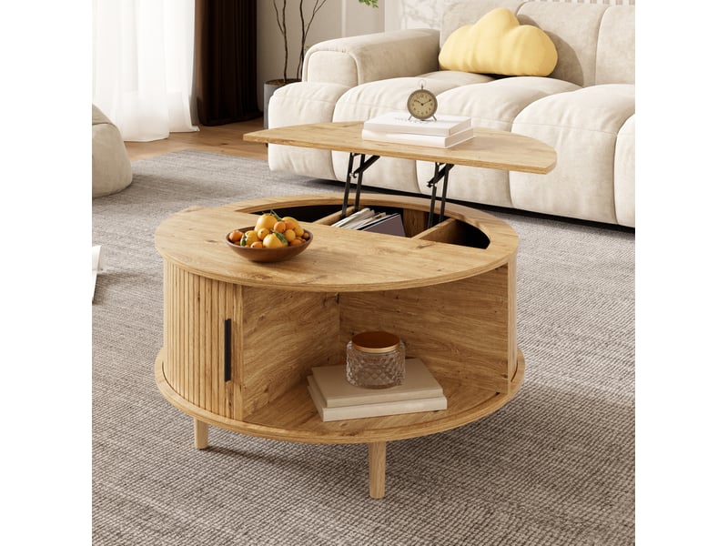  Table basse ronde 80x80x59cm, rangement et porte coulissante, en mdf, plateau réglable en hauteur, pour salon, chêne  - Conforama D