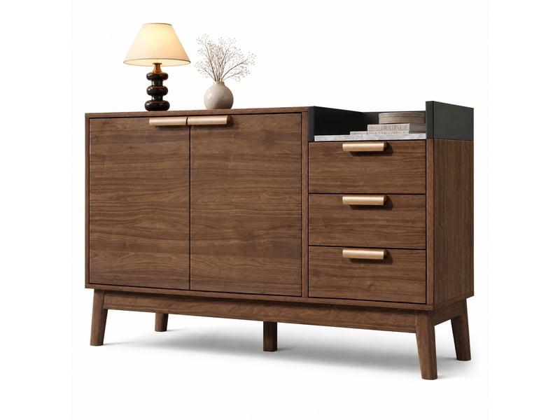  Commode avec 2 portes, 3 tiroirs et niche ouverte, étagère réglable, pour salon en mdf, 120×40×77 cm, chêne foncé  - Conforama A