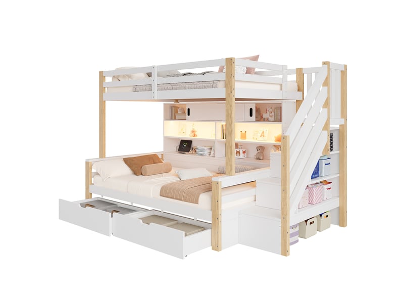  Lit superposé enfant 90x200 cm blanc et naturel en bois et mdf, escalier de rangement, led et prises usb  - Conforama A