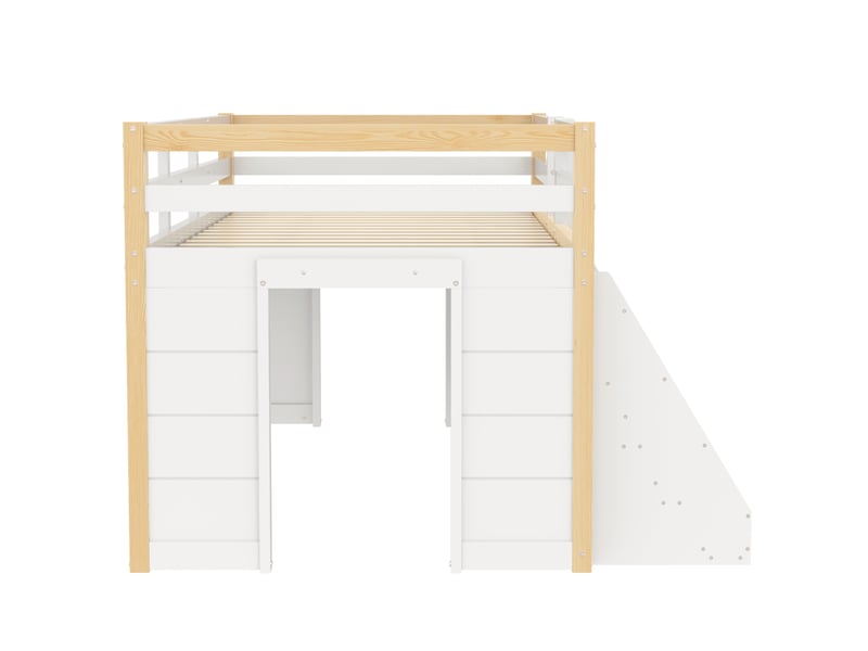 Lit mi-hauteur blanc et naturel 90 × 200 cm en pin, led, rangements et échelle - Conforama E
