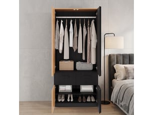 Armoire 2 portes battantes-armoire de chambre 90cm-1 tringle 2 tiroirs 2 compartiments-finition bois naturel-90x50x200-noir et bois