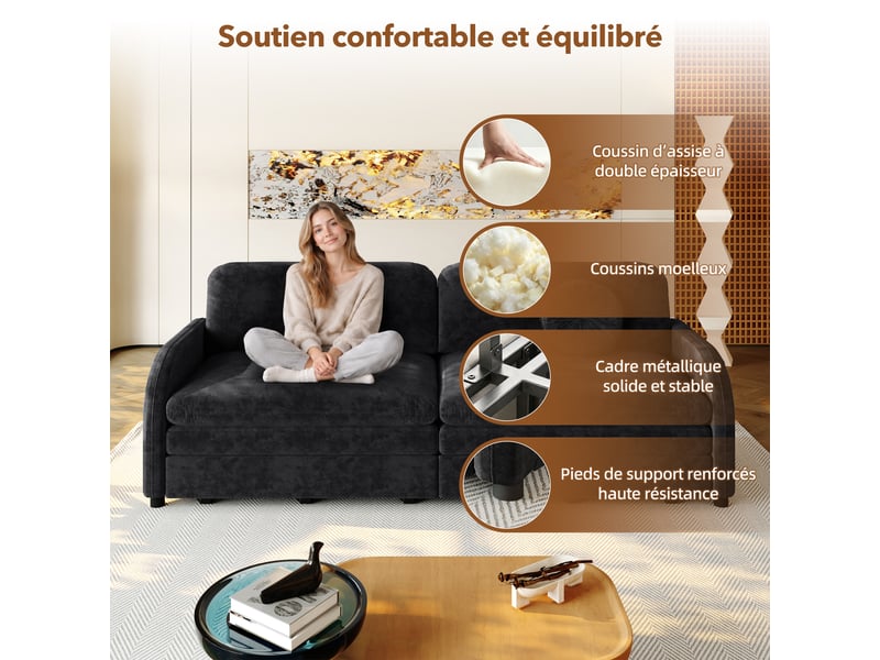  Canapé convertible 3 places noir en chenille avec couchage 190 x 200 cm Fay Lum - Conforama E