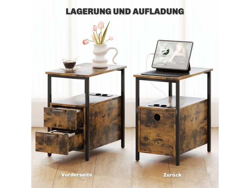  Table d’appoint avec station de charge et 2 tiroirs - lpospi - étagère ouverte, bois marron 55 × 35 × 58,5 cm  - Conforama E