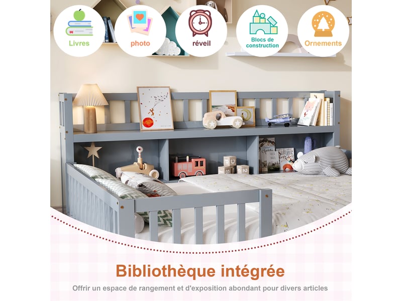 Lit double enfant 140x200 cm avec rangements et bibliothèque,lit au sol avec barrières de sécurité,pin massif, gris - Conforama E