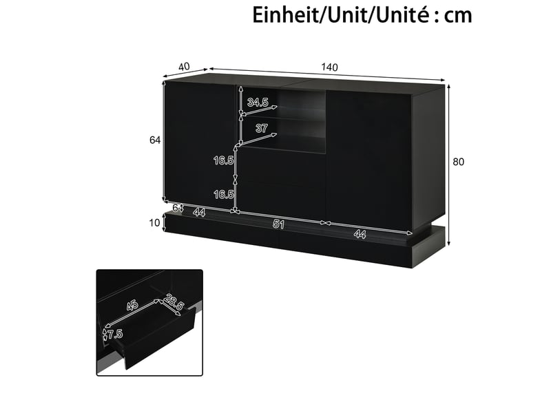  Buffet bas avec éclairage led, 2 portes et 2 tiroirs, 140 cm evryae  - Conforama E