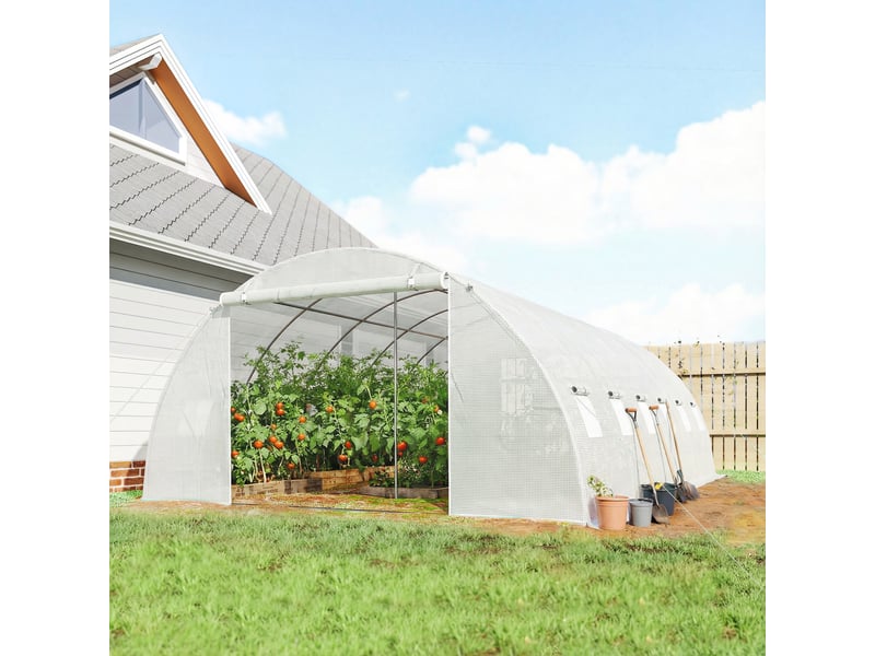  Serre tunnel avec 2 barres de support, 2 portes enroulables et fenêtres en filet, bâche en pe anti-uv, blanche  - Conforama C
