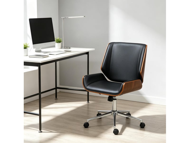  Chaise de bureau ergonomique réglable en hauteur, pivotante à 360° sur roulettes, en bois noir et marron foncé  - Conforama B