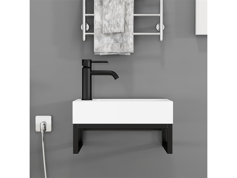  Lave-mains mural compact carré en céramique blanc mat avec cadre métal et trop-plein  - Conforama B
