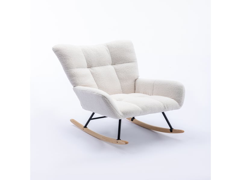  Fauteuil à bascule tissu bouclette avec poche, fauteuil allaitement blanc avec base en bois massif, 65x77x90 cm  - Conforama A