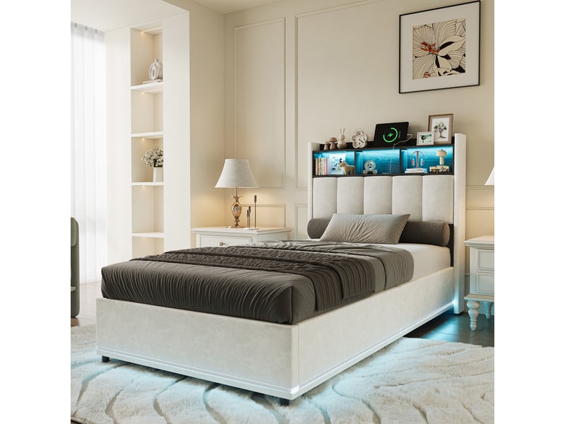  Lit coffre 90x200 cm avec led,usb et type-c, lit adulte avec sommier à lattes, lit simple moderne, blanc,velours  - Conforama E