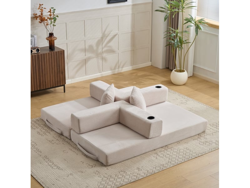  Canapé-lit de sol convertible 2 places avec accoudoirs pliables, porte-gobelet et poche latérale en velours côtelé blanc  - Conforama E