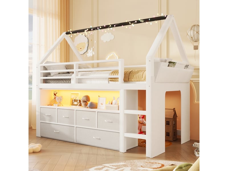 Lit mezzanine, coloris blanc, matière bois, couchage 90x200 cm, dimensions : 204 x 100 x 170 cm - Conforama B