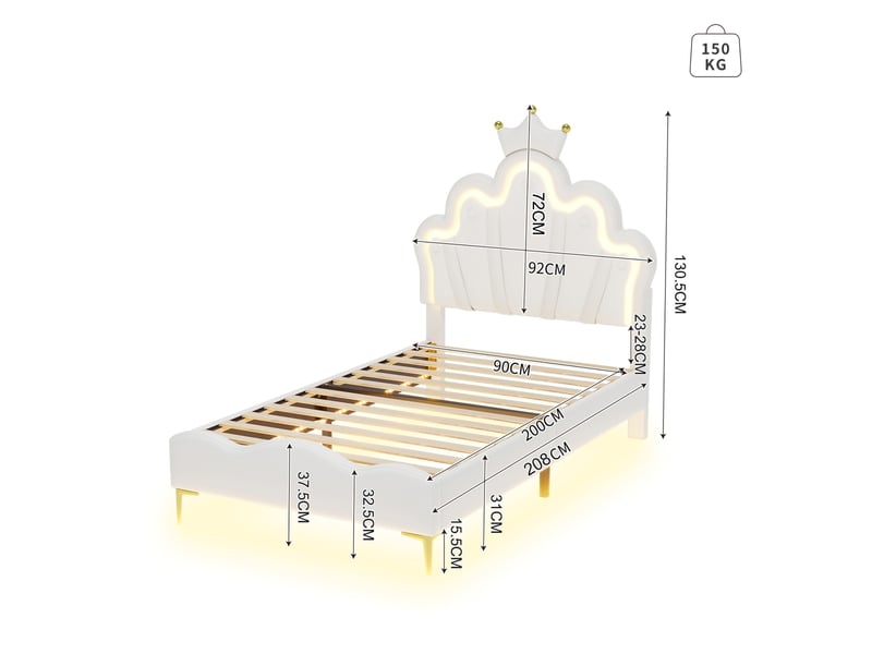  Lit enfant 90x200,lit princesse,lit de couronne,tête de lit en forme de couronne,bande lumineuse led  - Conforama C