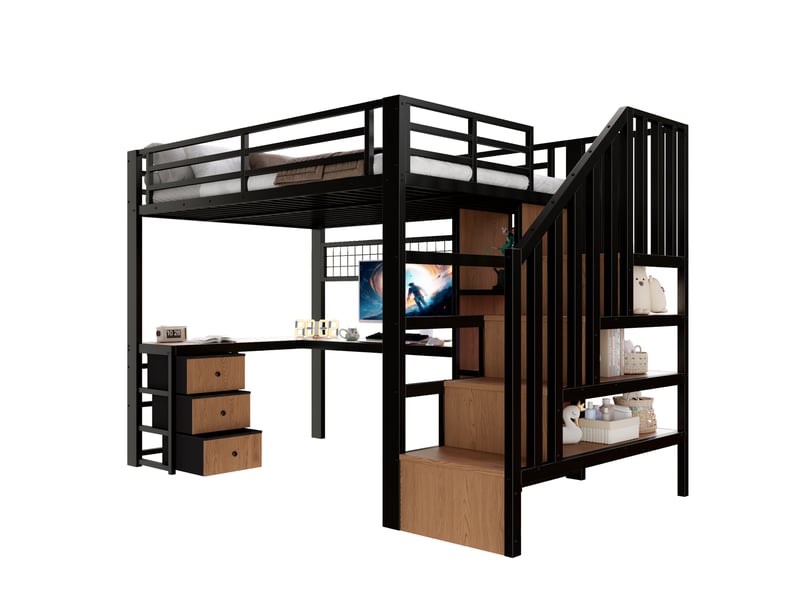  Lit mezzanine 90x200 cm en métal avec bureau, 4 tiroirs et escalier de rangement, lit superposé avec led, noir  - Conforama A