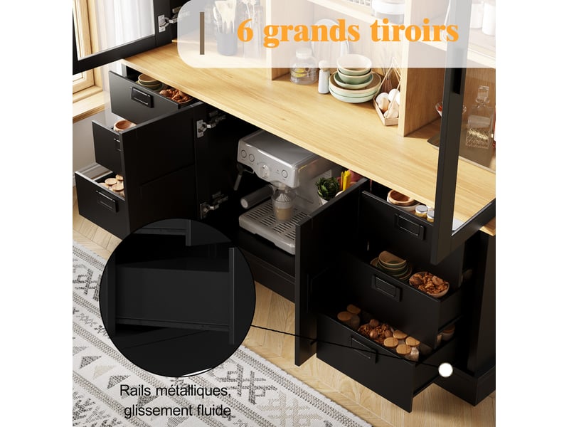 Colonne de cuisine avec 6 tiroirs, 6 niches et portes vitrées, anti-basculement, pour cuisine et salle à manger, 140 × 40 × 185 cm - Conforama E