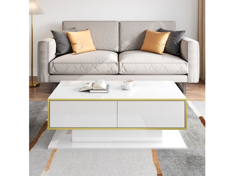 Table basse avec 3 tiroirs, 1 niche ouverte et led, finition brillante, pour salon, 100 × 50 × 40 cm, blanc et or  - Conforama C