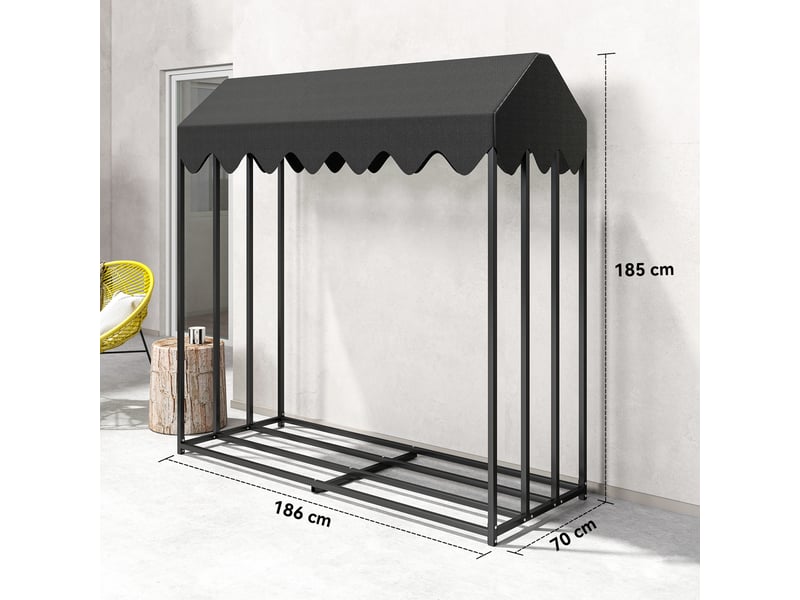 Range-bûches extérieur avec housse oxford 600d, acier noir, 186 x 70 x 185 cm, charge 300 kg - Conforama E