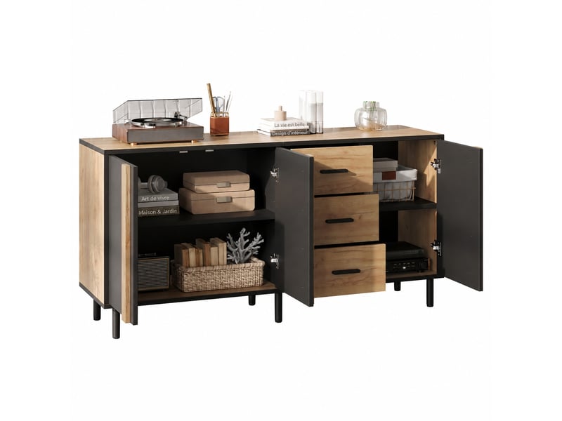  Buffet 3 portes 3 tiroirs en mdf, 140 x 35 x 70 cm, 6 pieds métal, noir et effet bois  - Conforama A