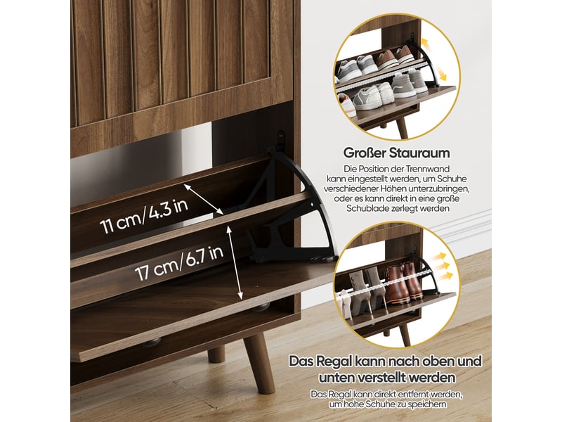  Meuble à chaussures haut design mdf couleur noyer avec portes abattantes pour entrée  - Conforama R