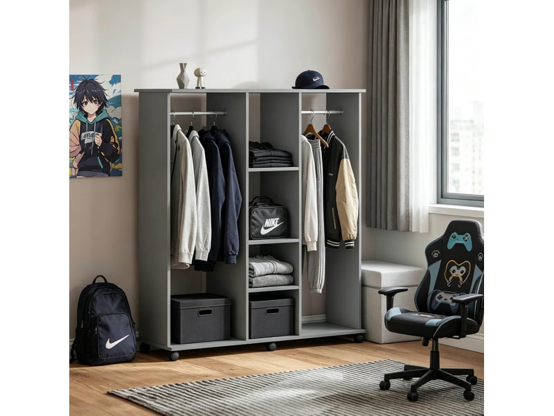  Portant à vêtements ouvert mobile 120 x 40 x 128 cm avec rangements, gris  - Conforama B