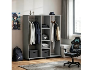 Portant à vêtements ouvert mobile 120 x 40 x 128 cm avec rangements, gris