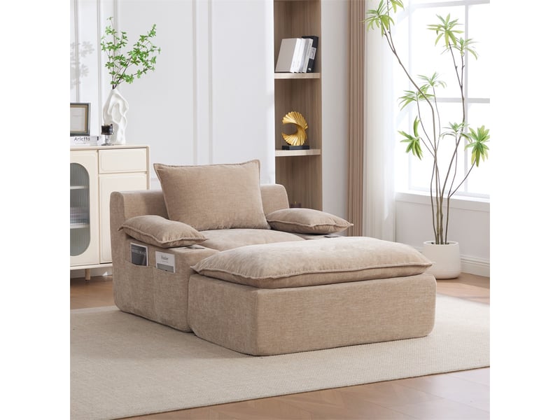  Fauteuil relax avec pouf - 113x93x81cm - chaise longue sous vide sans montage chenille porte gobelet salon - kaki clair  - Conforama B
