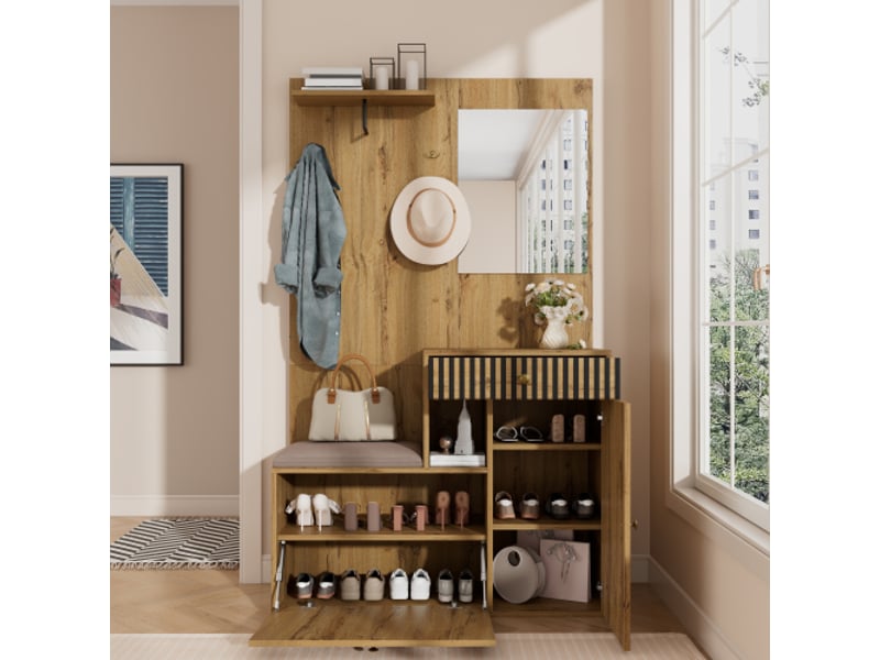  Ensemble dressing compact pour couloir – miroir, armoire, étagère, panneaux d'entrée, meuble à chaussures 110×185,5×37  - Conforama B