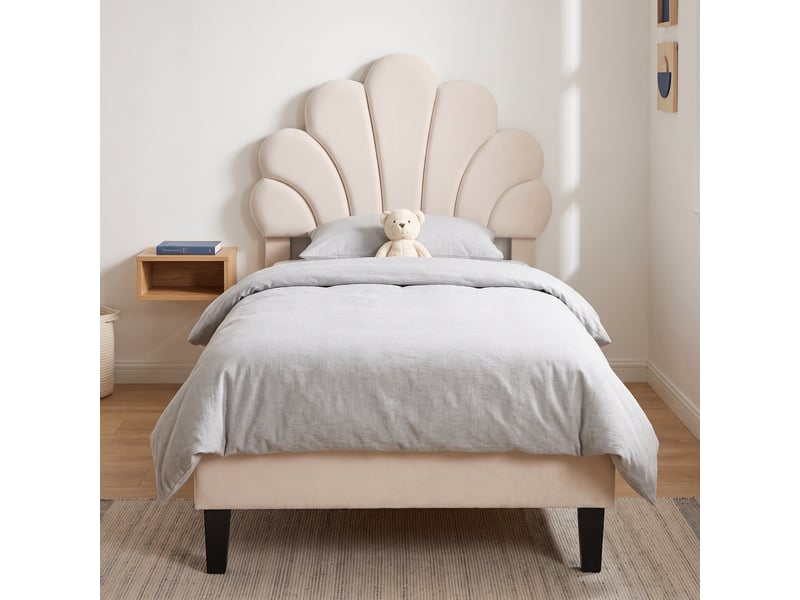  Lit enfant 90x200 cm, lit simple capitonné princesse avec tête de lit coquillage réglable, sommier, tissu velours beige  - Conforama B