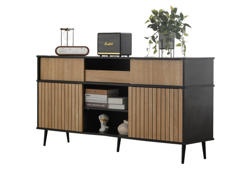  Commode avec 4 portes coulissantes et 1 tiroir, dimensions: 160 b x 40 t x 80 h, chêne combiné avec noir, avec rangement intégré  - Conforama A