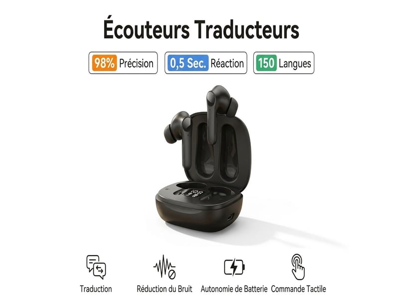 Écouteurs traducteur sans fil bluetooth 144 langues – oreillettes de traduction instantanée en temps réel avec mode hors-ligne, réduction de bruit enc et autonomie 15h – noir - Conforama B
