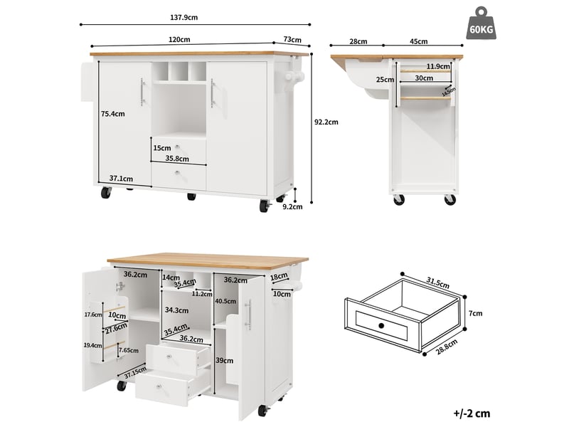  Îlot de cuisine mobile 137,9 x 73 cm avec plateau rabattable et rangements blanc  - Conforama C