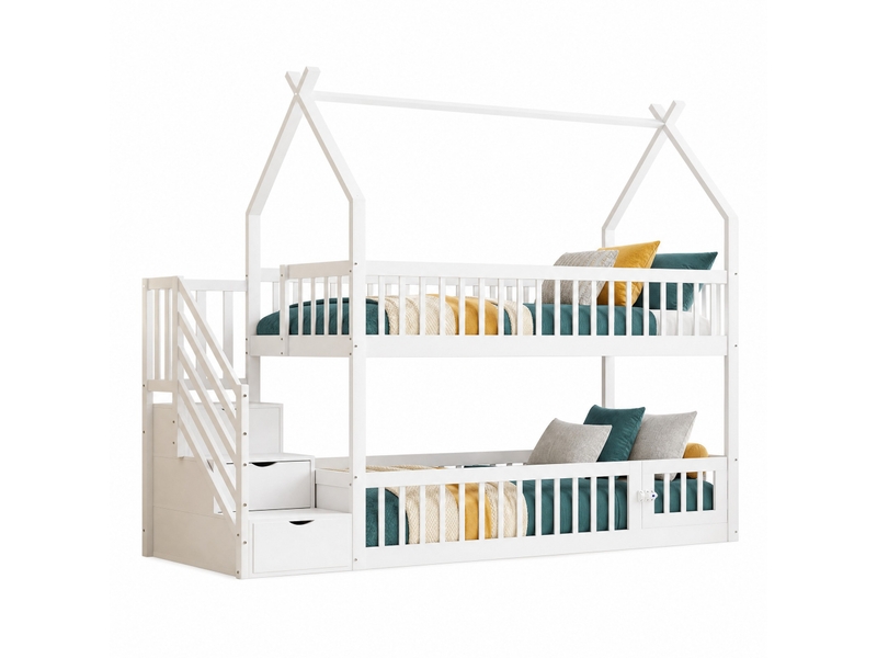  Lit superposé enfant 90x200 cm – blanc – toit maison, escalier à tiroirs et barrière, sans matelas  - Conforama A