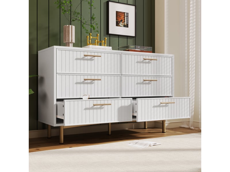  Commode blanche rainurée 120 cm, 6 tiroirs et pieds métalliques Fay Lum - Conforama D