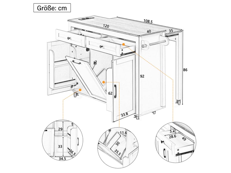  Îlot cuisine mobile 120x40-75x92 cm plan extensible 40-75 cm prises compartiment poubelle roulettes mdf gris  - Conforama C