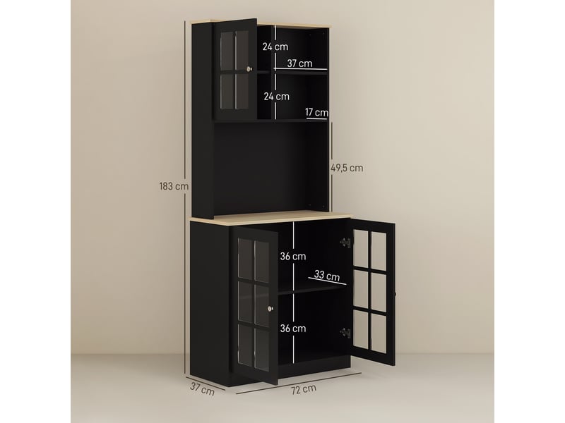  Buffet de cuisine, armoire haute, meuble avec plan de travail, 3 portes vitrées, noir, 72 x 37 x 183 cm  - Conforama E