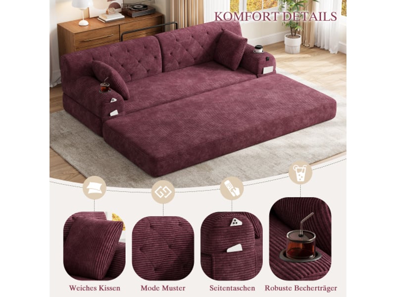  Canapé convertible 3 places avec dossier haut et porte-gobelets -  4 poches, velours côtelé bordeaux  - Conforama D