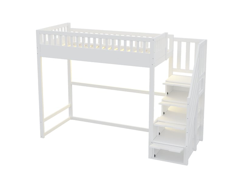 Lit mezzanine 90x200 cm avec rangements et led, escalier réversible, lit simple bois blanc, sans matelas - Conforama D