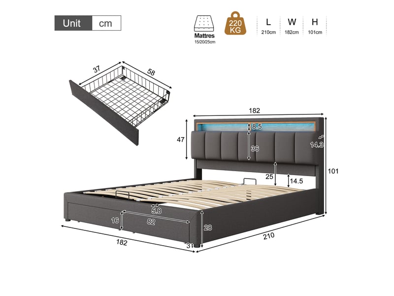  Lit double 180×200 cm avec rangement, led réglable et tête rembourrée - okmyhome- gris foncé, sans matelas  - Conforama D