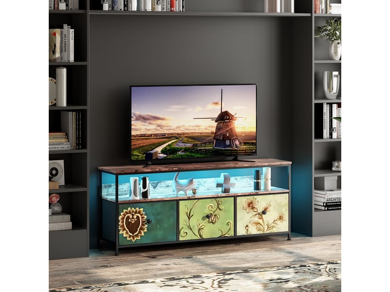 Meuble tv multimédia avec led - buffet led - design rétro chic - tiroirs en tissu imprimé - 137cmx30x57cm - marron  - Conforama B