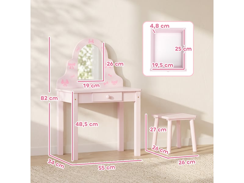  Coiffeuse enfant 2 en 1 avec tabouret et miroir mdf et pin rose et blanc 55x34x82 cm  - Conforama C