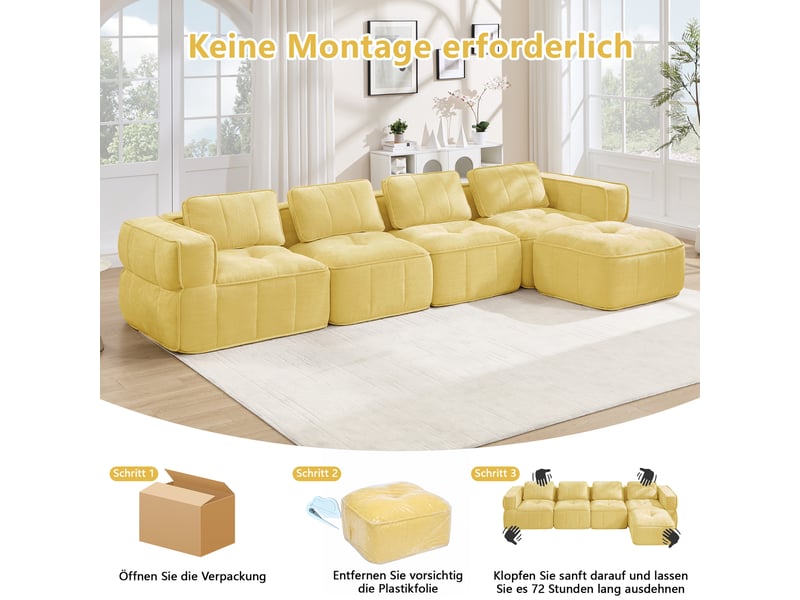  Canapé modulable d’angle en l 4 places en polyester jaune, 344 x 162 x 67 cm, sans montage, mousse haute densité 32d, assise profonde, avec pouf Luxe haut de gamme - Conforama D