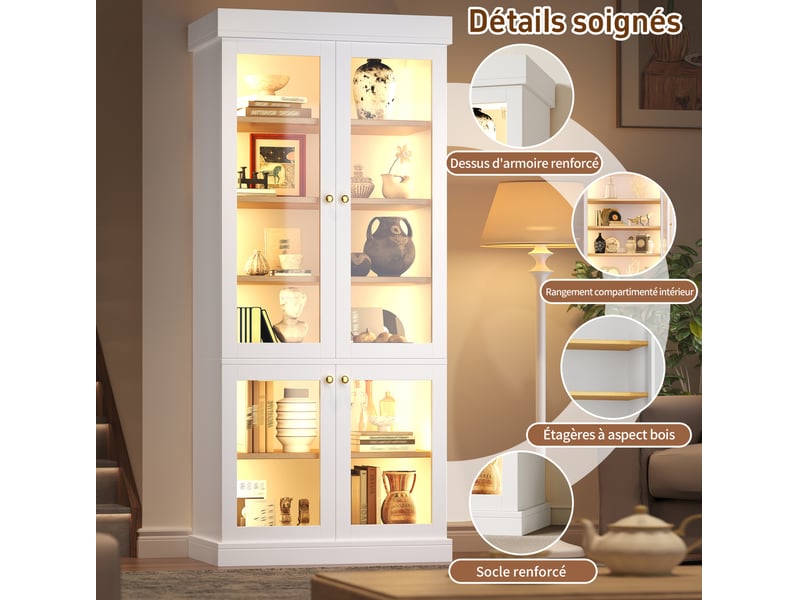 Lof 2 de vitrine haute blanche avec éclairage led multicolore, portes vitrées, étagères réglables et protection anti-basculement  - Conforama C