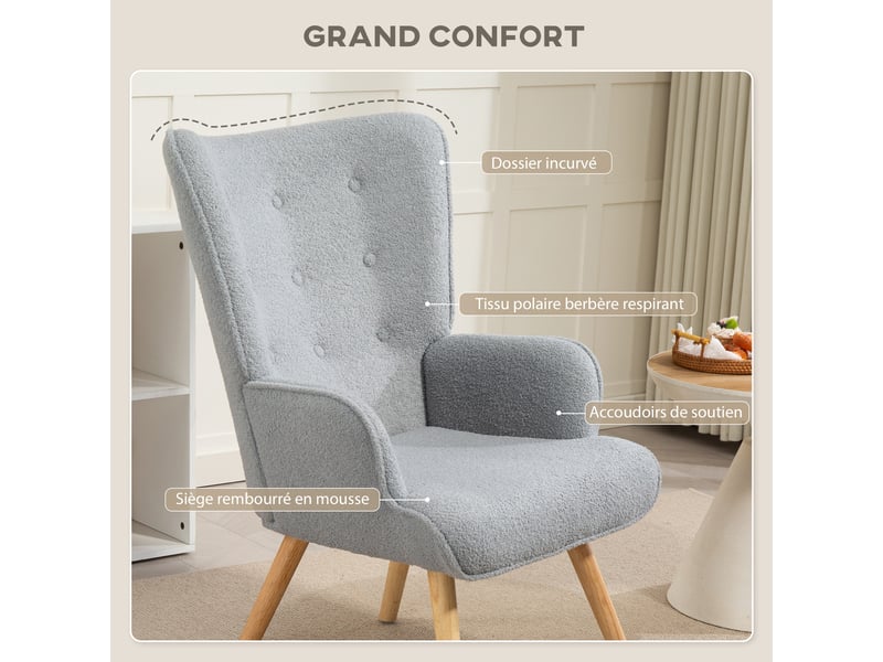  Fauteuil de salon en tissu bouclette, 71 x 74 x 96 cm, fauteuil capitonné et rembourré avec pieds en bois, gris clair  - Conforama E