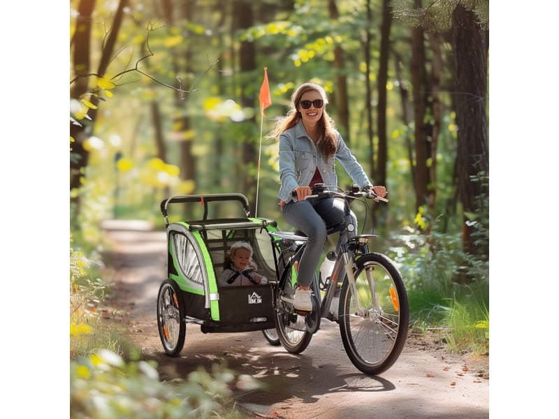  Remorque vélo enfant 2 places 142 x 75 x 101 cm verte polyester, fonction poussette et frein arrière  - Conforama B
