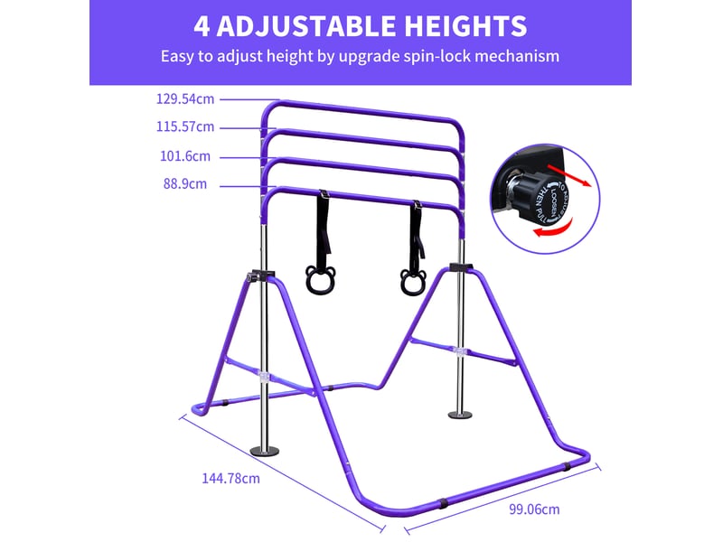  Barre de gymnastique enfant 99,06 x 144,78 x 129,54 cm violette en fer, hauteur réglable avec anneaux  - Conforama B