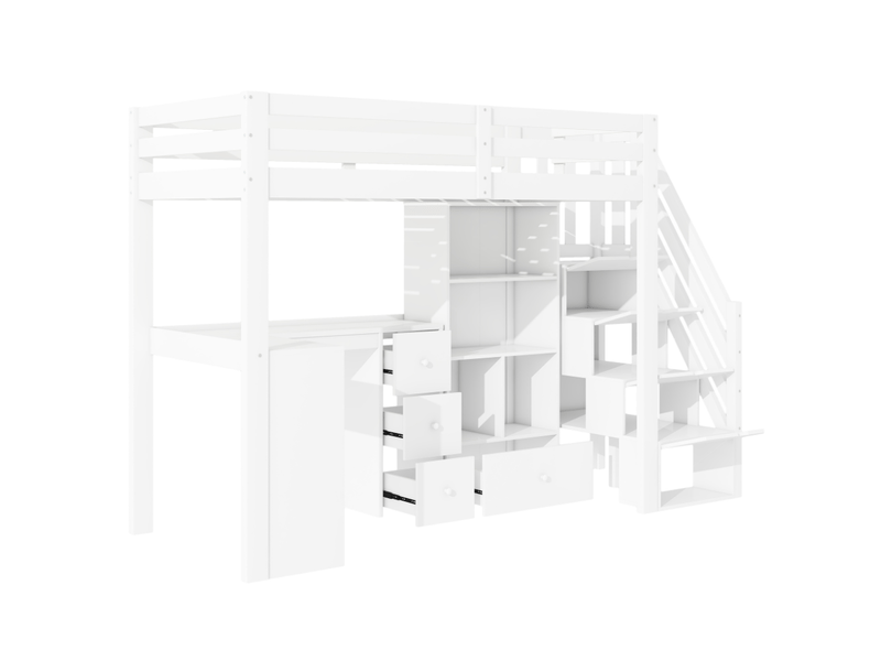  Lit mezzanine 90x200 cm avec bureau, rangements et échelle escamotable en bois blanc sans matelas  - Conforama A